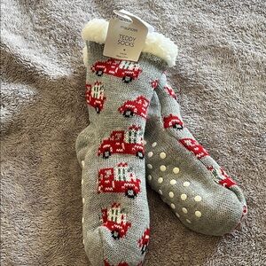 Maurices Gray Teddy Socks with Red Truck Pattern
